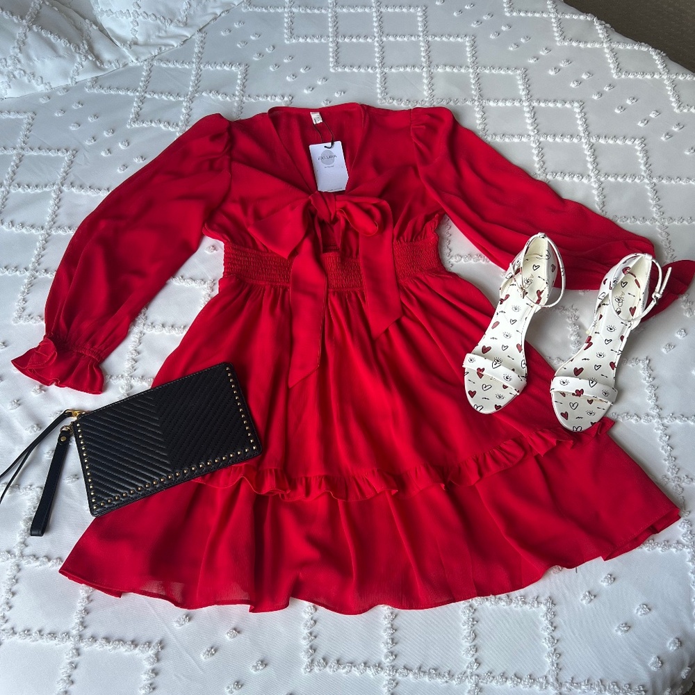 Exlura Women Tie Front Elastic Waist Tiered Raffle Layer Red Dress SIZE Medium